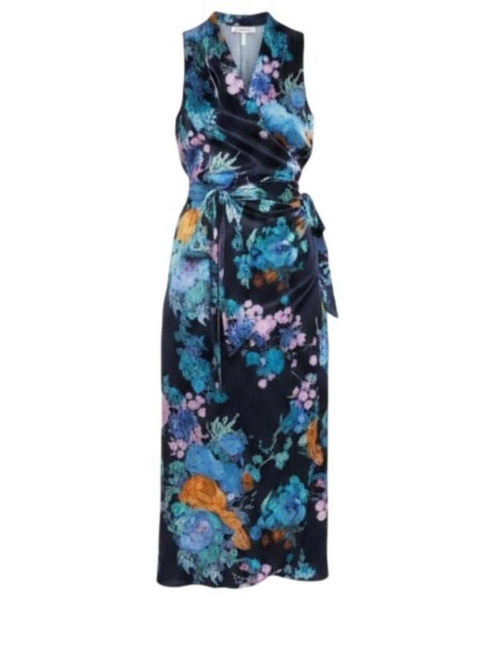 Vince Printed Bouquet Floral Sleeveless V-Neck Draped Pleat Wrap Midi Dress, S